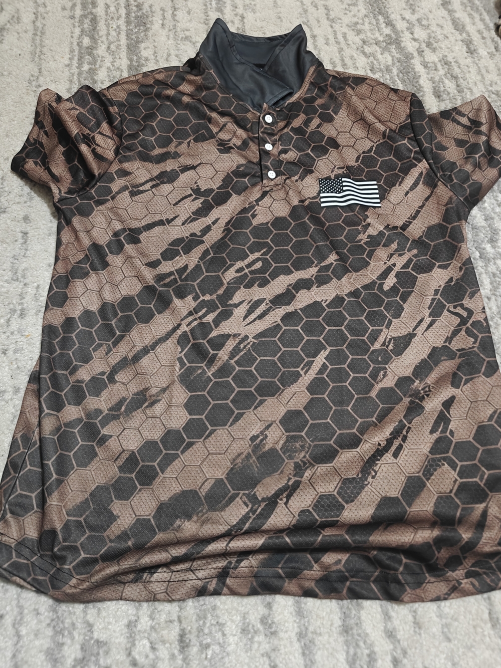 Brown & Black Hex Camo Polo with American Flag Xl